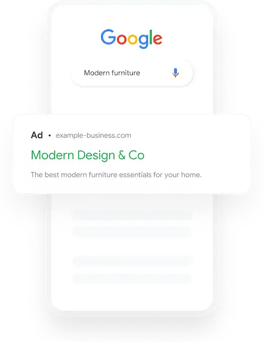 Illustration of a phone shows a Google search query for Modern Furniture that results in a relevant furniture Search Ad.