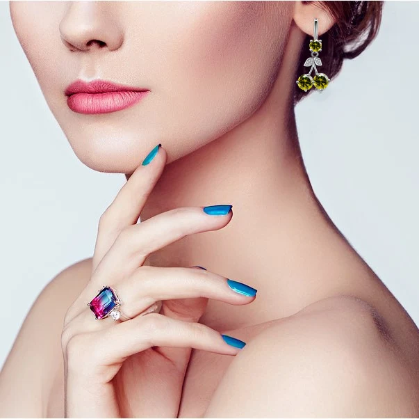 Title 22, Cherry inlaid mid-length color zircon earrings....
