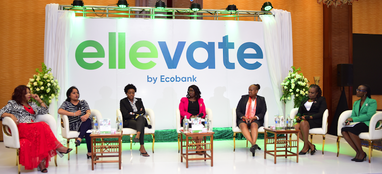 Panelists enterpernuers during Ecobank's Ellevate programme launch Esther Muchemi,Divya Gandhi, Sheila Ndinda,Pink- Susan Gichia, Susanna Gichuhi and Violet Monari.