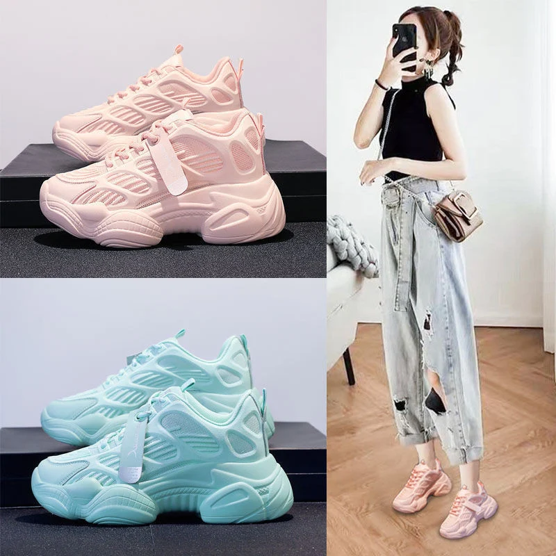 Sneakers sportivi casual con suola spessa, effetto dimagrante e rialzante. Scarpe in rete versatili per un look comodo e alla moda.