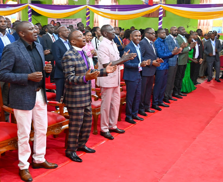 Kikuyu MP Kimani Ichung'wah, President William Ruto, Dagoretti South MP John kiarie, Nairobi Deputy Governor Njoroge Muchiri and Kiharu MP Ndindi at Revival Sanctuary of Glory in Riruta Satellite, Dagoretti South, on October 22, 2023