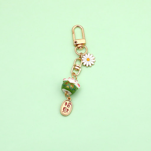 Title 5, Cute Ceramic Girl Heart Fortune Cat Keychain, a...
