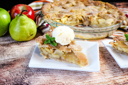 A slice of Apple Pear Pie A La Mode.