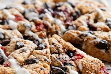 Mixed Berry and Chocolate Chunk Buttermilk Scones with a Cream Cheese Glaze