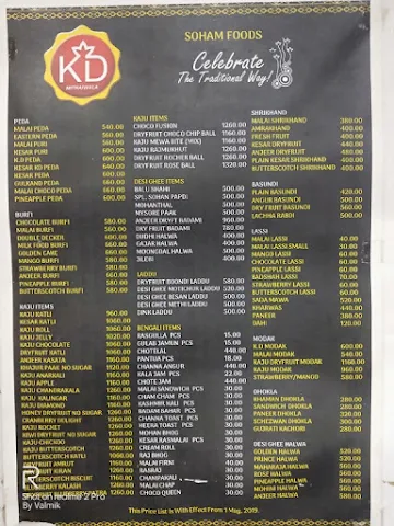 Kantilal Damodar Mithaiwala menu 