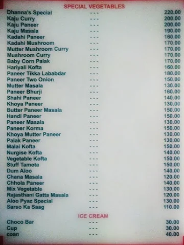 Dhanna's Veg Restaurant menu 