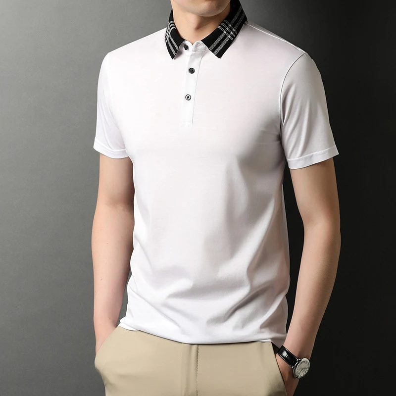 Business Casual Jacquard Gebreide Kraag Dad T-shirt met Halve Mouw voor een stijlvolle look in je vrije tijd.