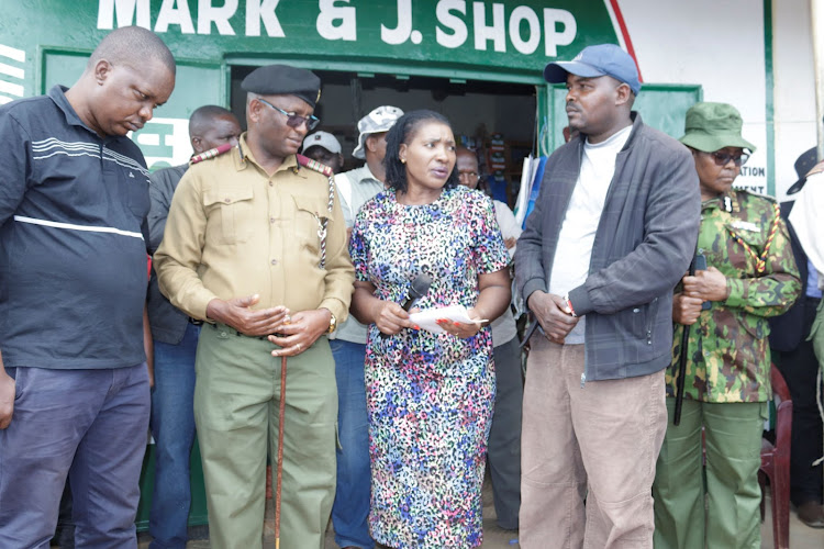 Kitui East MP Nimrod Mbai, Kitui county commissioner Erastus Mbui, Kitui South MP Kaki Nyamai and Mutha MCA Dominic Mwamisi on Tuesday at Mutha market.