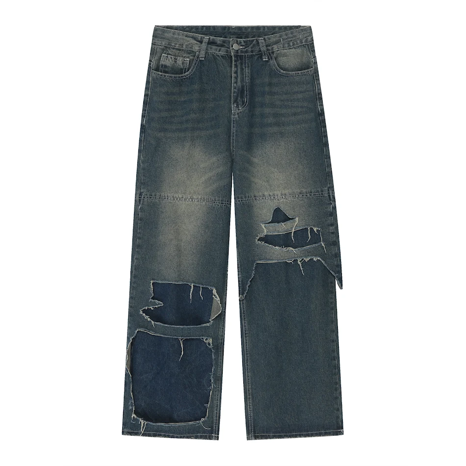 Jean déchiré rétro style japonais pour homme, streetwear. Un look tendance et confortable pour vos sorties. Parfait pour un style urbain et original.