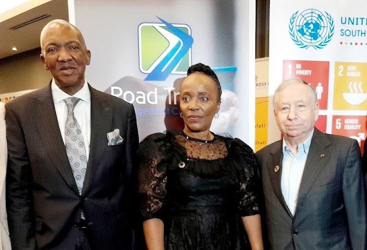 RTMC head Makhosini Msibi, transport minister Sindisiwe Chikunga and UN special envoy Jean Todt at the launch of the new road safety campaign.