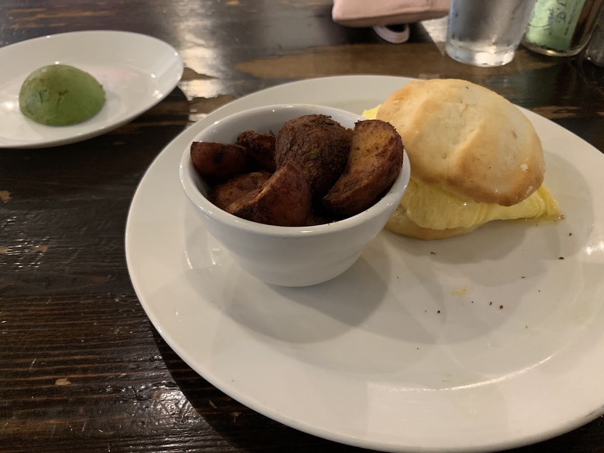 Egg sandwich and rosemary potatoes.