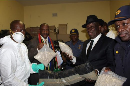 Hawks head Lt-Gen Godfrey Lebeya, police minister Bheki Cele and SAPS national commissioner Khehla Sitole visited what they described as a 'state-of-the-art' drug manufacturing lab at a farm in Harding, KZN, in 2018. File photo.