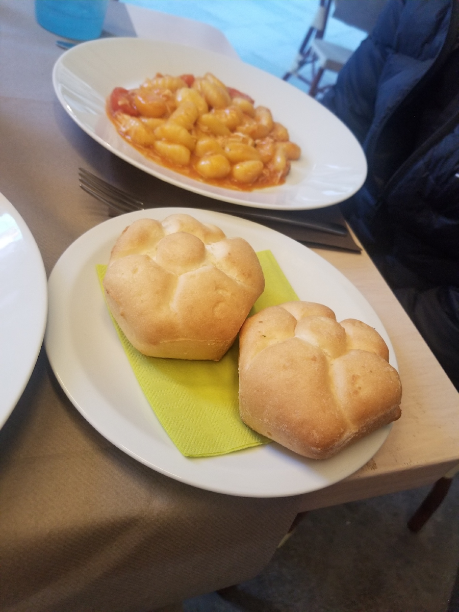 Crab gnocchi and dinner rolls