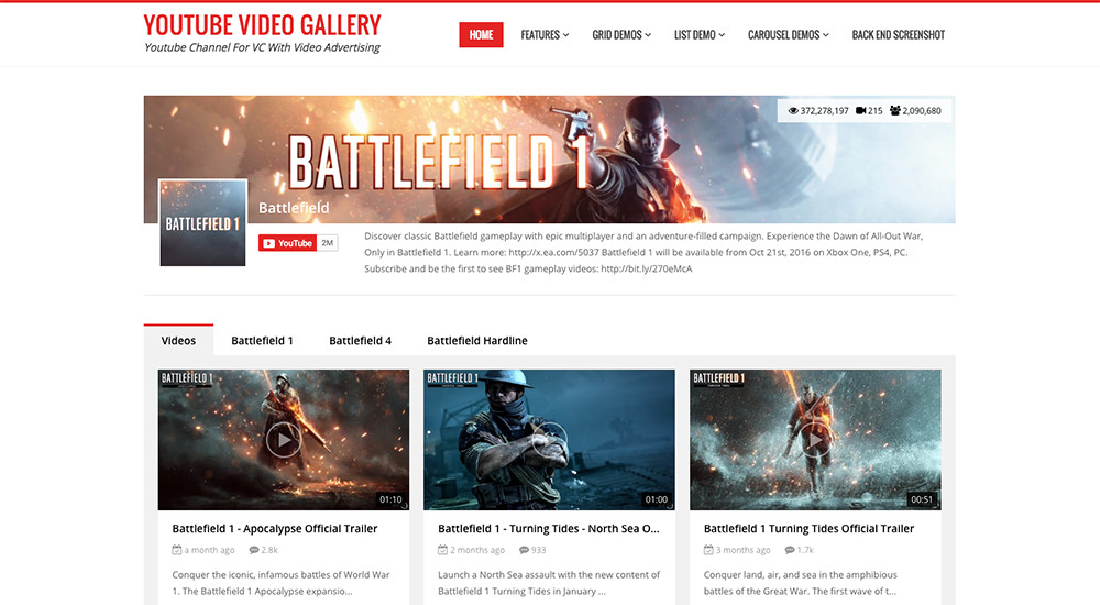 Galeria de vídeos do Youtube para o plug-in WordPress Visual Composer Premium
