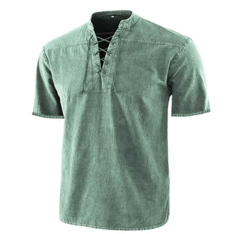Herren lässiges Hemd mit Stehkragen und Schnürung, kurzärmlig, ideal für einen entspannten, stilvollen Look im Alltag.
