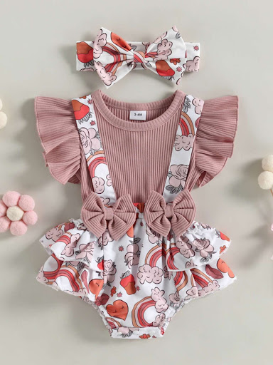 Title 7, Baby Ruffle Sleeve Strap One-piece Bow Shorts, ...