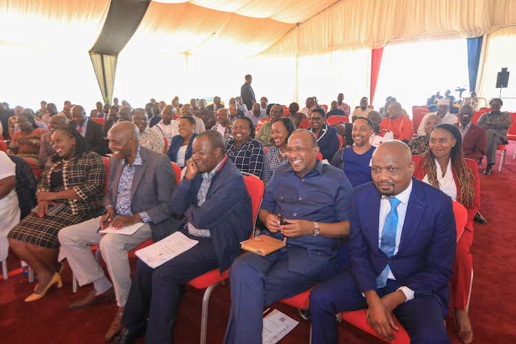 Cabinet Secretaries Aden Duale and Moses Kuria among other leaders at the Joint National Executive Retreat and Parliamentary Group consultative meeting in Naivasha, Nakuru, on February 19, 2024