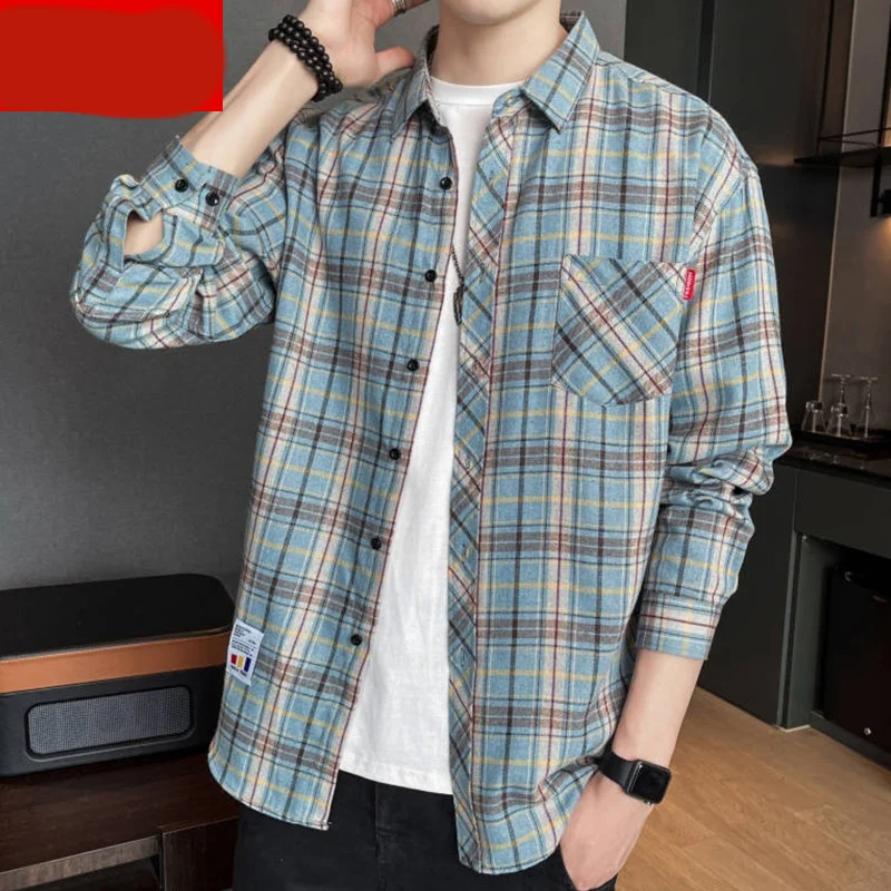 Camicia a quadri da uomo, tendenza autunnale, stile Hong Kong, giacca casual a maniche lunghe. Ideale per un look casual e alla moda.