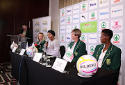 Netball South Africa president Cecilia Molokwane (holding the mic) speaks during the World Cup squad announcement in Johannesburg on May 22 2019.