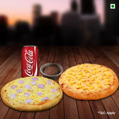 Onion Pizza + Sweet Corn Pizza + Choco Lava + Coke