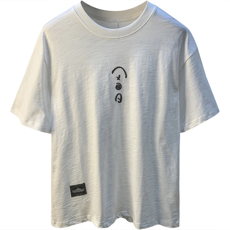 Men's Cotton White T-shirt Summer Thin Loose Plus Size Short-sleeve Embroidered Breathable and Comfortable.