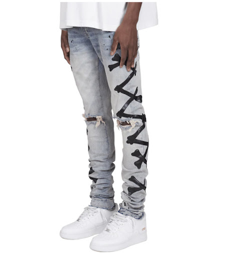 Title 5, Mens Ripped Print Stretch Jeans with Printed B...