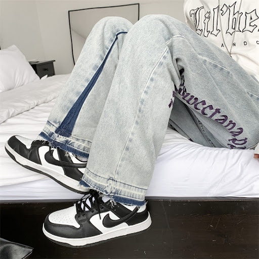 Title 5, Mens denim straight-leg pants with a loose, wi...