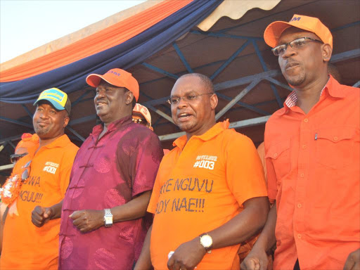 Mombasa Governor Ali Hassan Joho, CORD leader Raila Odinga, Kilifi Governor Amason Kingi and Malindi MP Willy Mtengo during a rally at the time of By election campaigns in Malindi in February