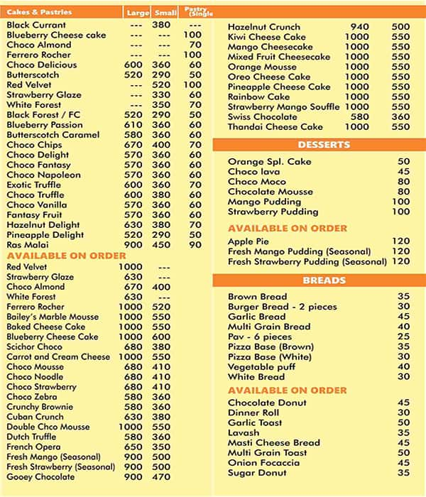 Orange Cakes & Bakers menu 