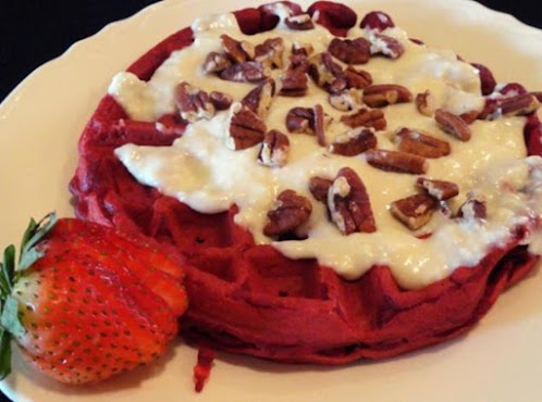 Red Velvet Waffles with Cream Cheese Glaze