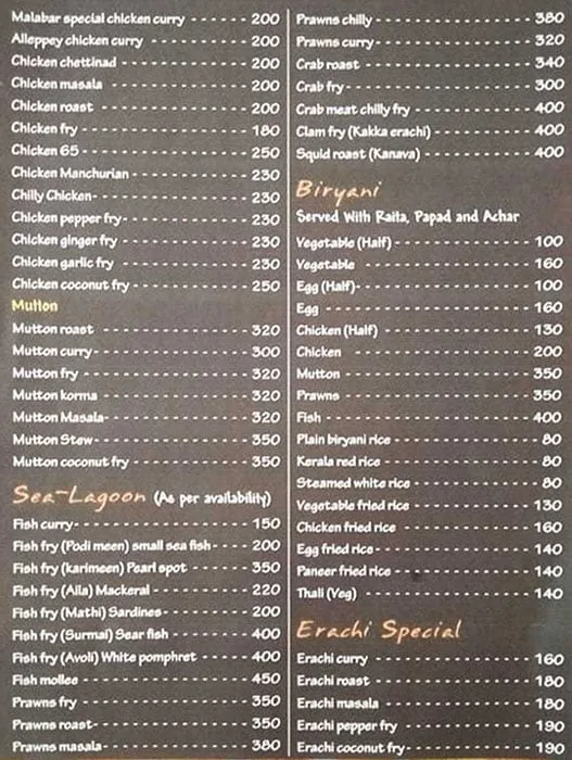 Hotel Malabar menu 