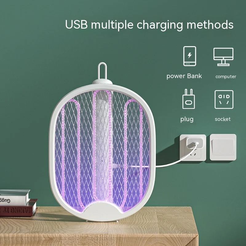 Raquette anti-moustique rechargeable 2 en 1 pliable pour la maison. Éliminez les moustiques et insectes facilement. Puissant et pratique.