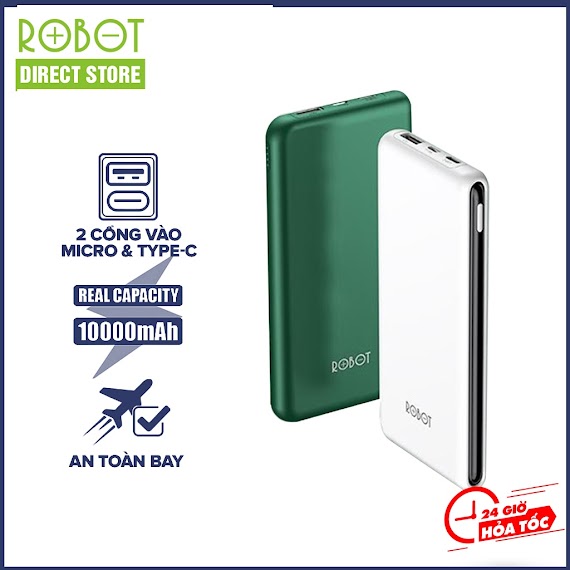 Pin Sạc Dự Phòng 10.000Mah Robot Rt180 Robot Direct Store 1 Output Usb & 2 Input Micro/Type - C Kích Thước Siêu Mỏng Nhẹ