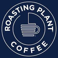 Blue background white text Roasting plant coffee logo