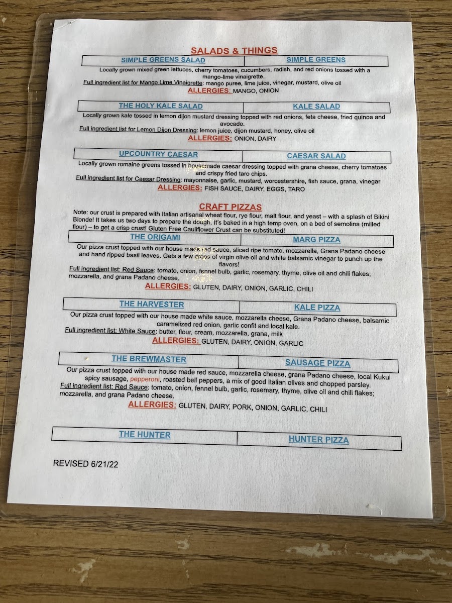 Maui Brewing Co. gluten-free menu