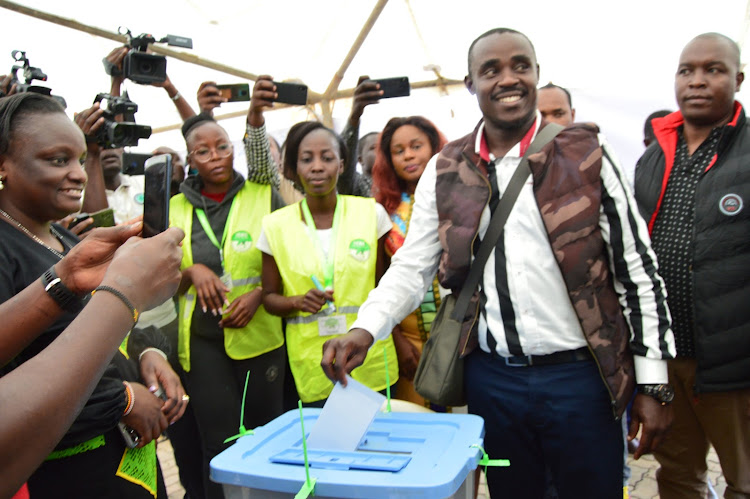 Kakamega ANC governor candidate Cleophas Malala casts his vote at Bukhungu Stadium polling station on August 29, 2022