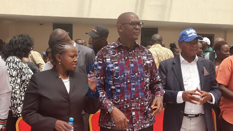 Machakos County Assembly speaker Florence Mwangangi with former State House chief of staff and Machakos governor aspirant Nzioka Waita at Gelian Hotel in Machakos on March 24, 2022.