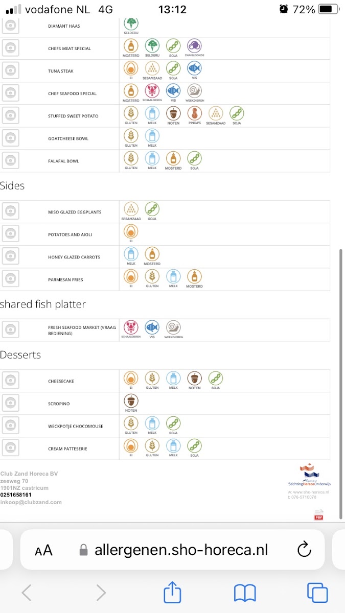 Strandpaviljoen Club Zand gluten-free menu