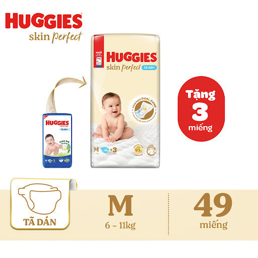 Tã-bỉm dán sơ sinh Huggies Skin Perfect M 46 (5-10kg) + Tặng 3 miếng