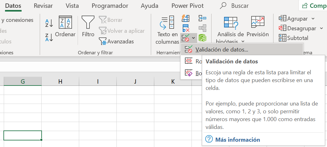 cuadro mando excel validación datos