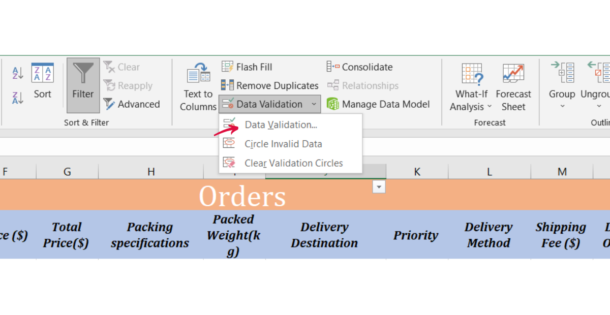 Logistics tracking spreadsheet excel | Data Validation | start the validation list from the toolbar