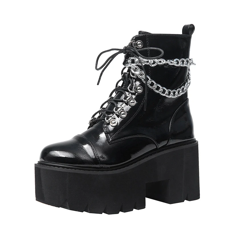 Botas curtas femininas estilo punk com zíper de corrente. Design ousado e moderno para mulheres que buscam um visual impactante e estiloso.