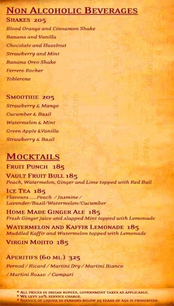 The Vault Cafe menu 