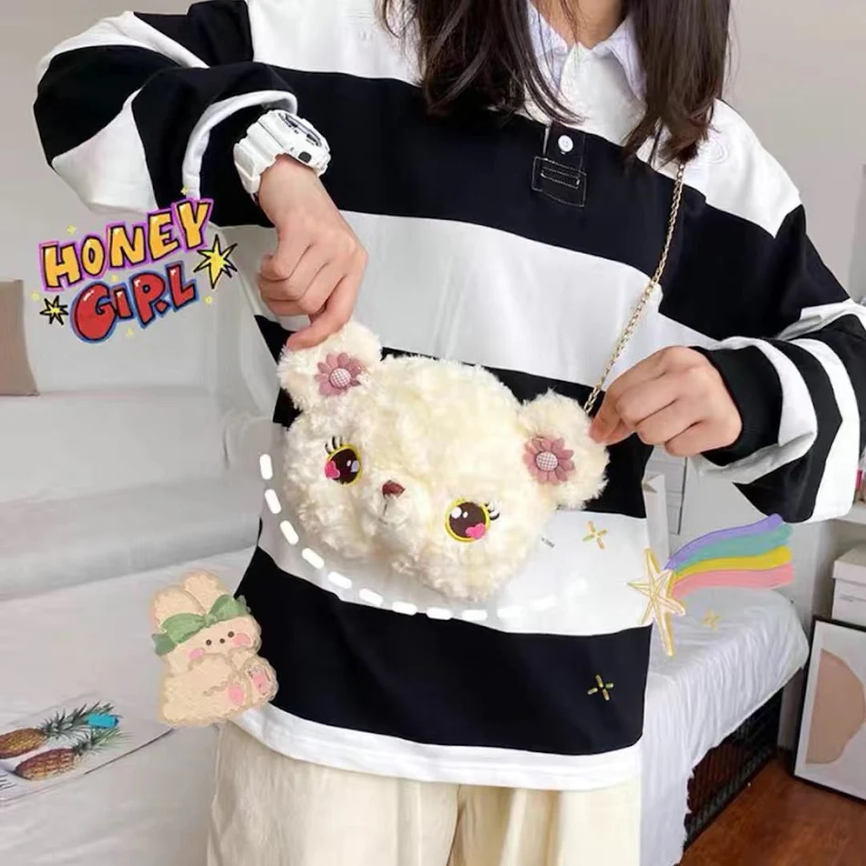 Handgefertigte Bärenkopf-Rucksack Lolita Bär Tasche Soft Sister Messenger Bag Niedlicher Messenger-Bag Für Damen, Flauschig, Weich, und Praktisch