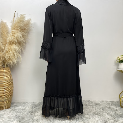 Title 3, Black Flower Embroidered Lace Up Muslim Cardiga...