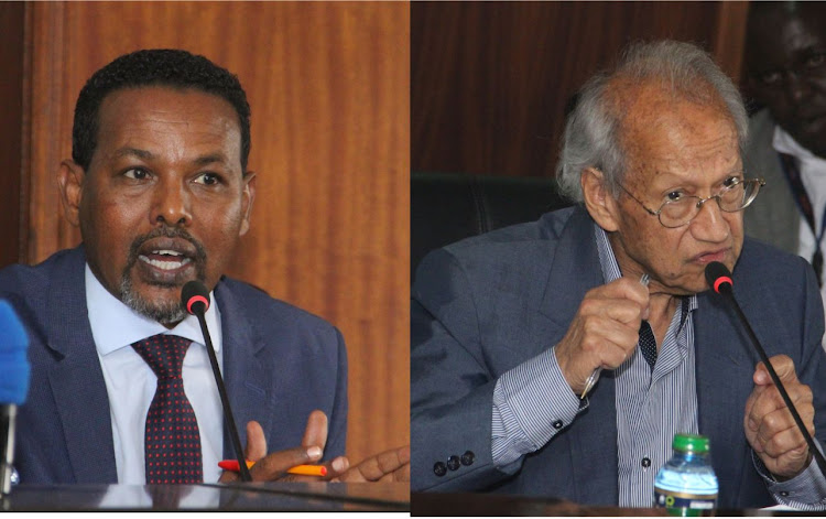 Veteran law scholar Yash Pal Ghai and lawyer Abdikadir Mohamed.