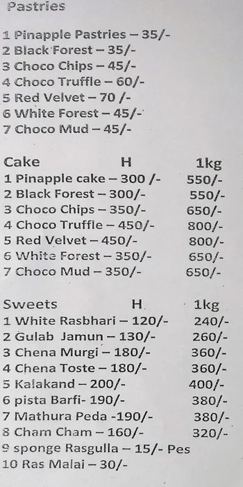 Raj Bakers menu 