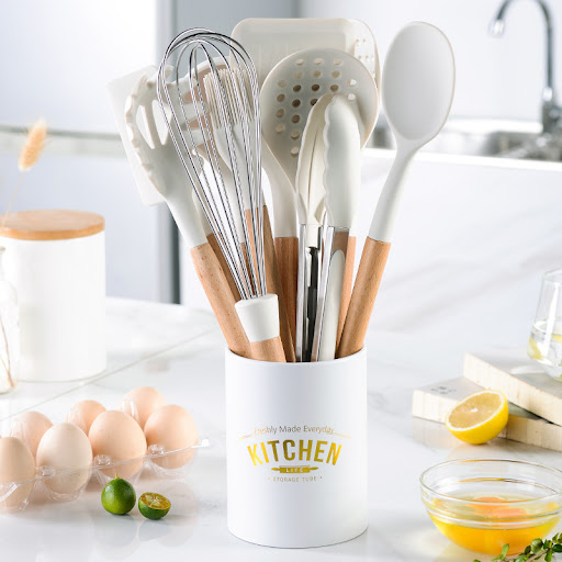 Title 5, Creamy white wooden handle silicone kitchenware...