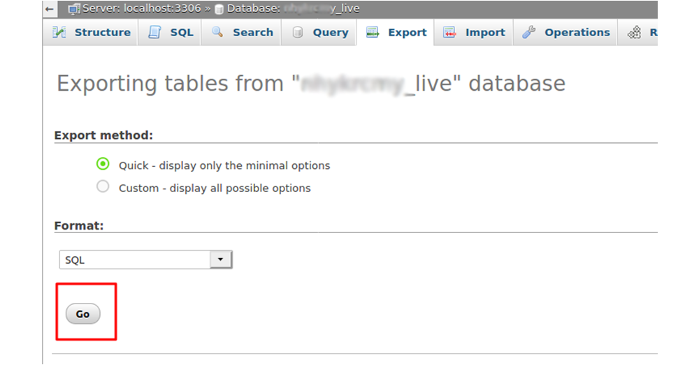 Exporting Tables from "example_Live" database