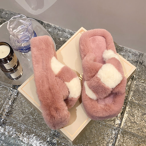 Title 4, Womens Cross-Strap Fuzzy Slippers with 5cm Hee...